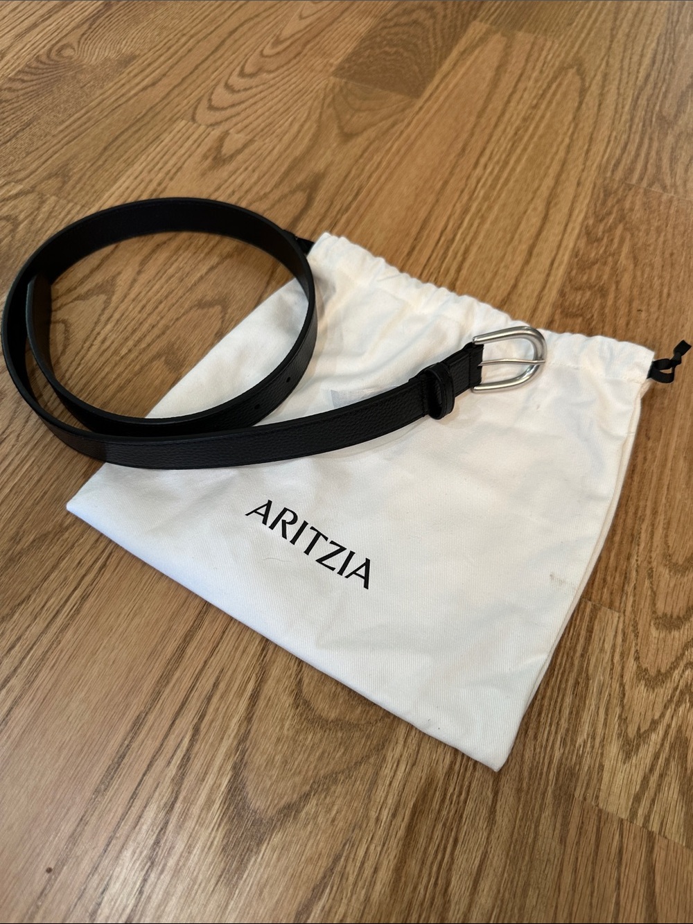 Aritzia Black Leather Belt with Silver Buckle